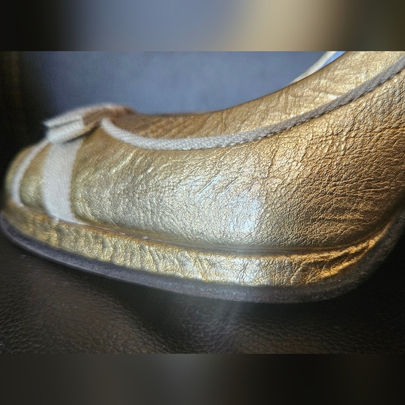 Marc Jacobs Gold Leather Peep Toe Bow Pumps Open Toe Chunky High Heels Size 37 6 - Picture 5 of 16